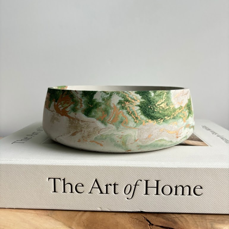 The Boho Self-Care Home Gift Box by Sonia's Vokalized Kreations features a round, marbled ceramic bowl with green and gold patterns, perfect as a boho-inspired gift or stylish holder for your favorite soy wax candle.