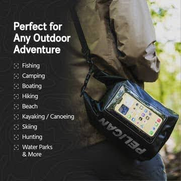 A person uses the Sonia's Vokalized Kreations Pelican Marine Waterproof 5L Dry Bag (Stealth Black) with a clear phone pouch; text highlights outdoor activities ideal for this versatile, ultra-durable accessory.