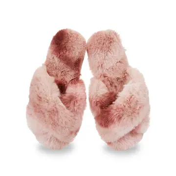A pair of pink Josephine Slippers by Sonia's Vokalized Kreations, featuring crisscross plush faux fur and memory foam, is shown against a white background.