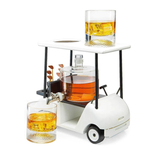 The Golf Cart Decanter by sonia's-vokalized-kreations features a golf ball pattern and clubs, with a transparent barrel of amber liquid. This captivating conversation piece includes lead-free glasses ready on the cart's roof.