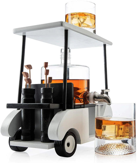 The Golf Cart Decanter by sonia's-vokalized-kreations is a whiskey decanter set shaped like a golf cart, with lead-free glasses and two faux golf club bottles. It features a top shelf for storing whiskey with ice and boasts a charming golf ball pattern, making it a unique conversation piece.